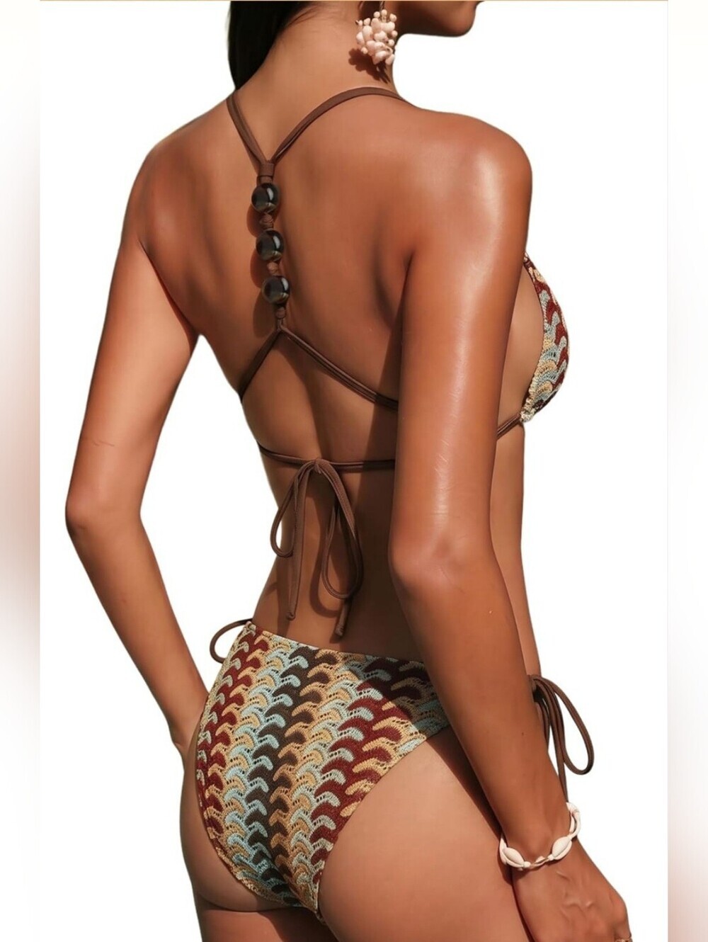 NWT Boho Crochet Print Tie Side Bikini Size 12 Brown Multicolor Swimsuit